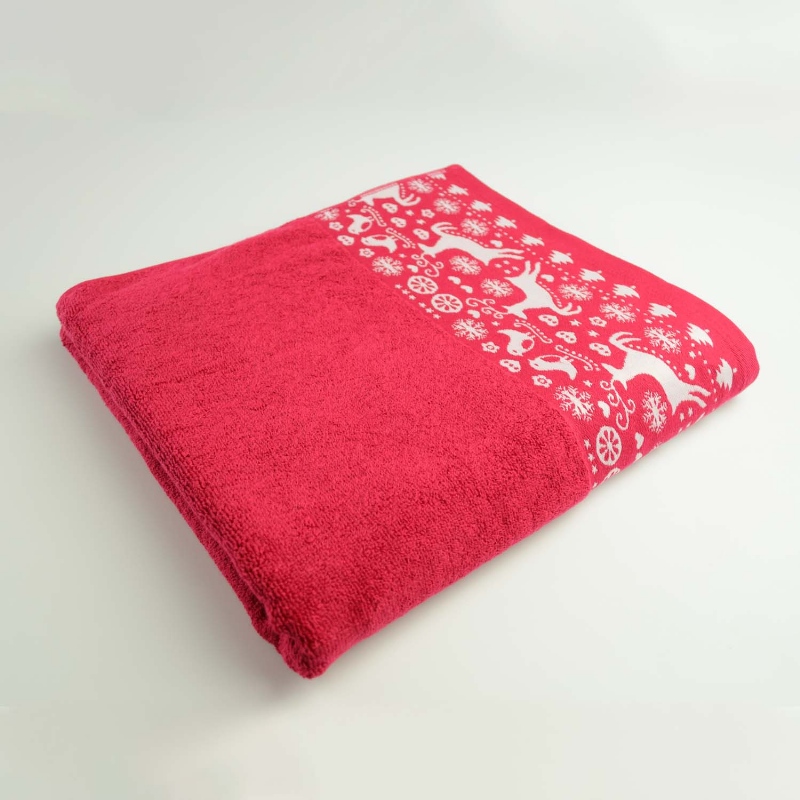 Рушник махровий банний Новорічний Merry Christmas Олені GM Textile 70х140см 500г/м2 (Червоний)